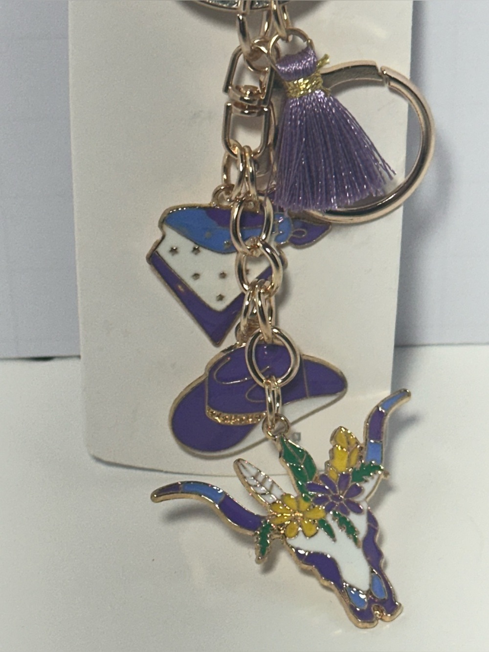 Purple Floral Steer Skull Keychain with Tassel